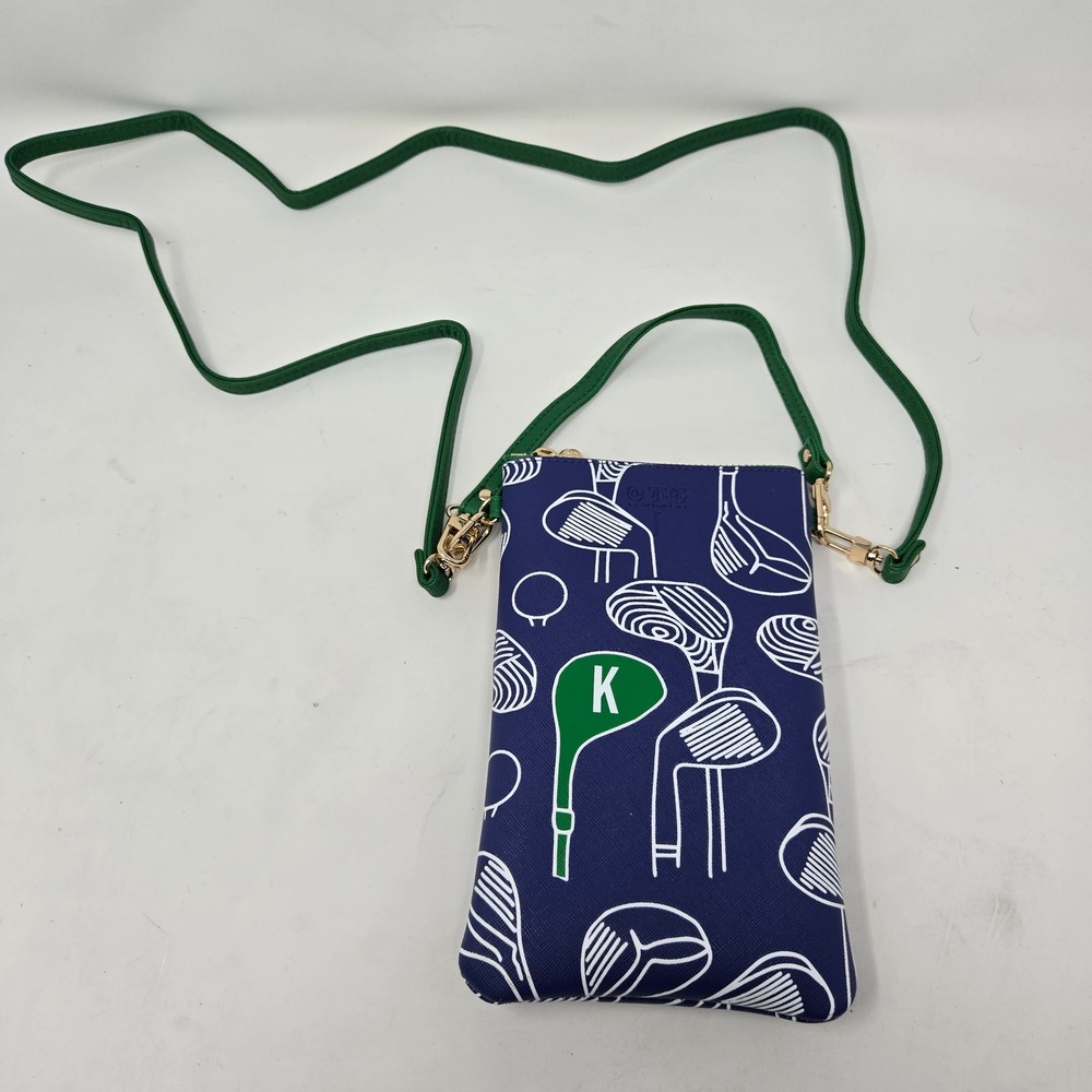 OTG 24/7 Golf Club Print Crossbody Phone Bag Navy Blue Green Saffiano Pouch